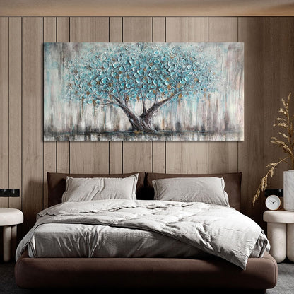 Arjun Tree Wall Art Canvas for Living Room Blue Tree of Life Nature Teal Abstract Textured Painting Picture Modern Panoramic Landscape Artwork Framed Bedroom Home Office Decor, Large Size 40"x20"