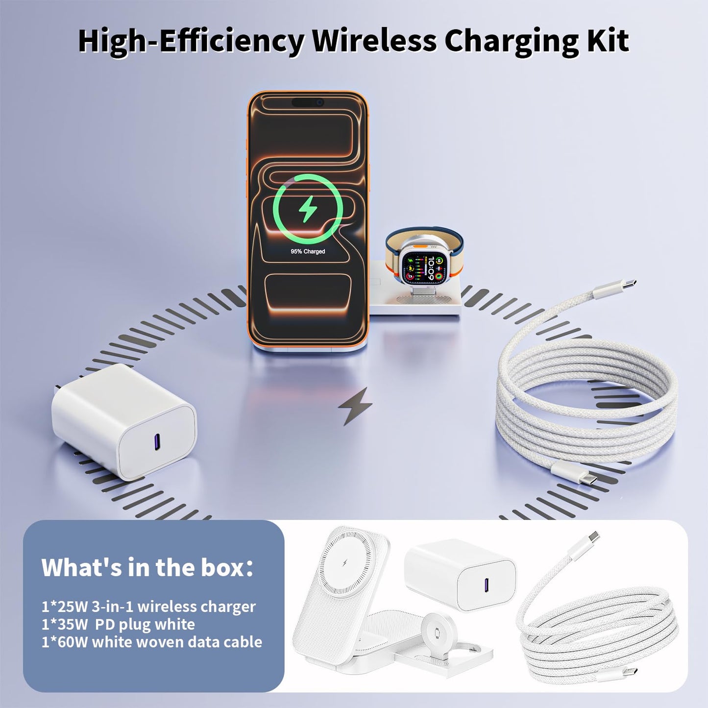 [Apple MFi Certified]Magnetic Charger 3 in 1 Charging Station,25W Wireless Foldable Mag-Safe Charger 6FT USB-C Cable Wireless iPhone Charging Station Compatible with iPhone 17/16/15/14/13/12 Pro/Plus