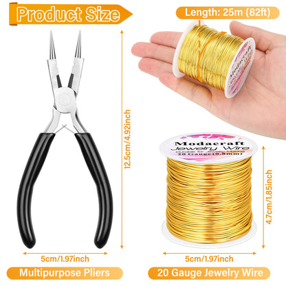 Modacraft 20 Gauge Gold Jewelry Wire & 4-in-1 Pliers Kit - 82FT Tarnish Resistant Copper Craft Wire (0.8mm) for Wire Wrapping, DIY Jewelry Making, Christmas Ornaments & Holiday Decorations