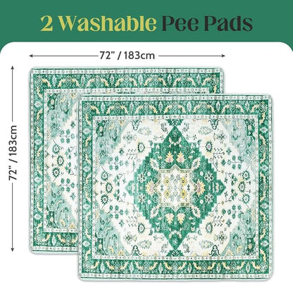 Washable Pee Pads for Dogs, 2 Pack Reusable Puppy Training Pads 72"x72" Super Absorbent Waterproof Dog Training Pads, Non-Slip Potty Pads, Whelping Pads Litter Mat Green Medallion