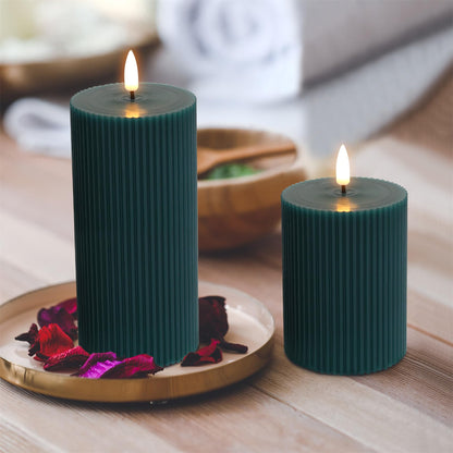 Girimax Green Ribbed Flameless Pillar Candles with Remote, 2 Pack Flickering Battery Operated LED Wax Candles Φ 3" H 4" 6"