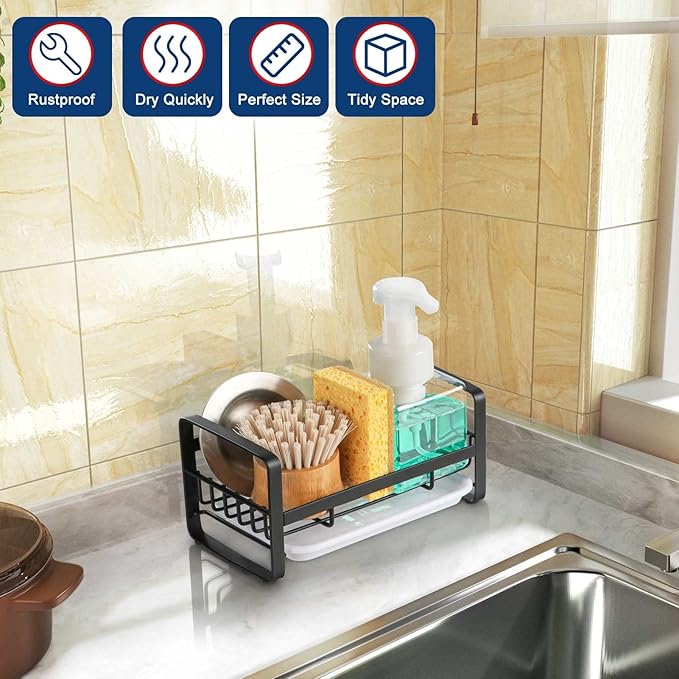HULISEN Kitchen Sink Sponge Holder, 304 Stainless Steel Kitchen Soap Dispenser