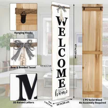 MODE HOME Large Vertical Welcome Sign for Front Door Porch, 47x10 Inch Solid Wood Farmhouse Porch Decor, 3D Raised Letters Rustic Welcome to Our Home Sign with Beads & Bow, No Assembly Required, Whitewashed