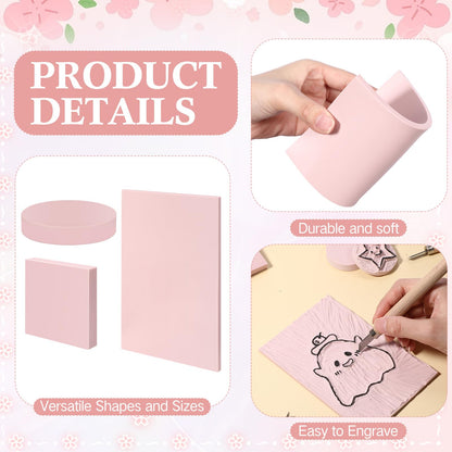 Innconee 18 Pcs Rubber Stamp Carving Blocks Linoleum Blocks 4"x6" and 2"x2" Round Square Rectangle Block Carving Kit for Stamp Crafts DIY Project(Pink)