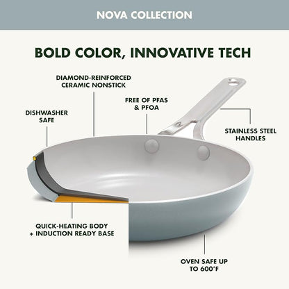 GreenPan Nova 10-Piece Nonstick Cookware Set, PFAS-Free Ceramic Pots & Pans with Silicone Cooking Utensils, Durable Fast Heating, Induction Ready, Oven Safe to 600°F, Dishwasher Safe, Coastline Blue