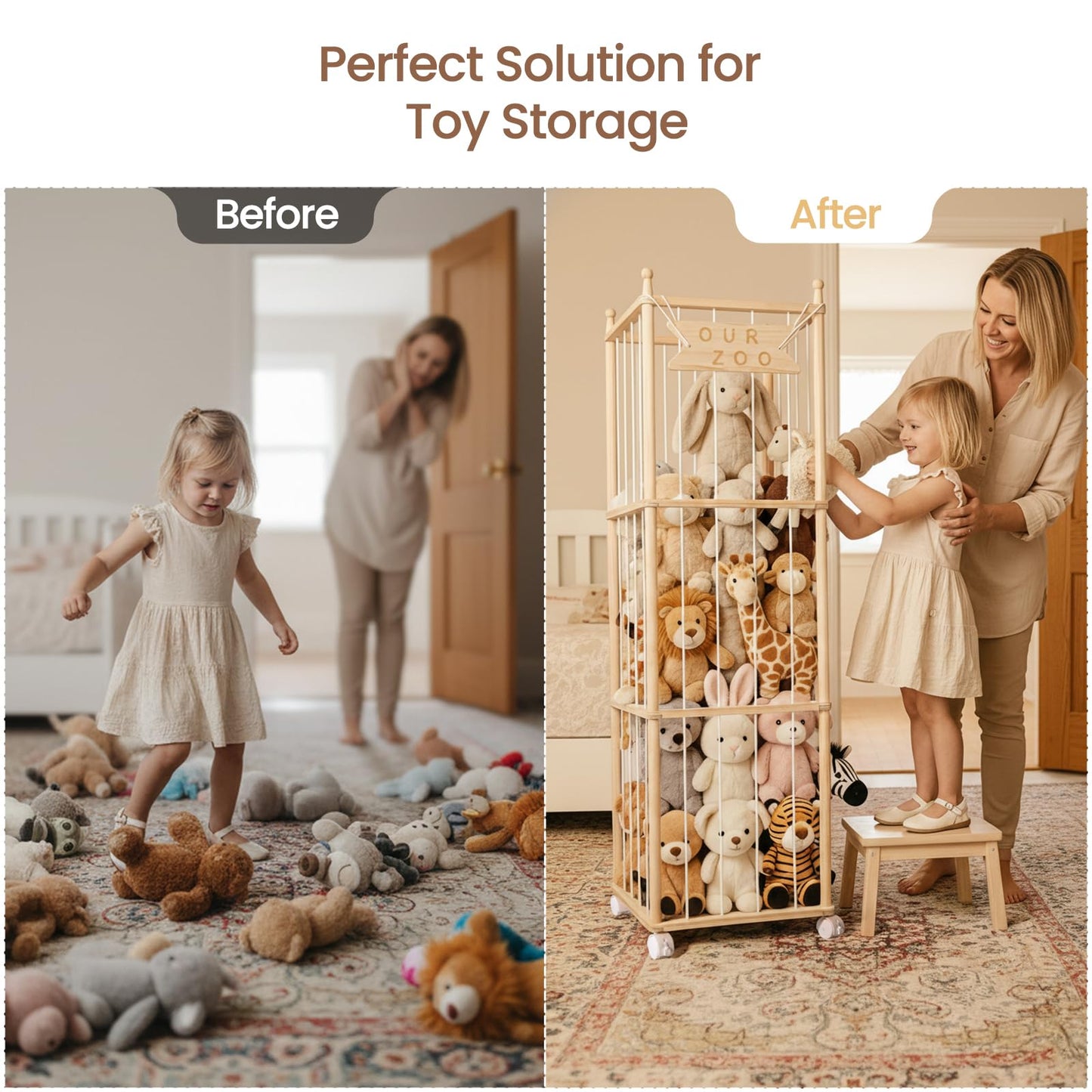 Ostutry Stuffed Animal Storage with Wheels - Wood Stuffed Animals Organizer Holder Zoo Large Capacity Plush Toy Cage with Elastic Band for Playroom, Bedroom, Nursery