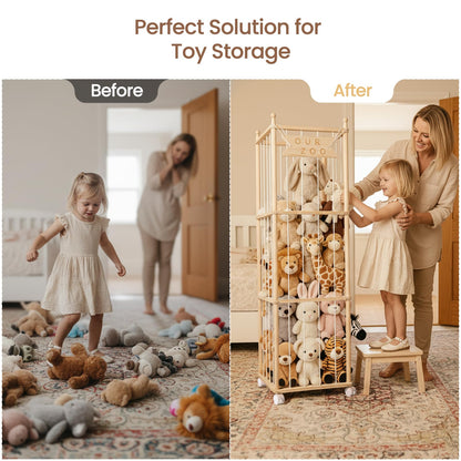 Ostutry Stuffed Animal Storage with Wheels - Wood Stuffed Animals Organizer Holder Zoo Large Capacity Plush Toy Cage with Elastic Band for Playroom, Bedroom, Nursery