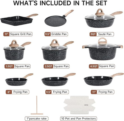 JEETEE 24Pcs Ceramic Cookware Set, Gray Pots and Pans Set Non Stick, Kitchen Healthy Non Toxic Induction Cookware Sets W/Saucepans, Sauté Pan, Griddle, Crepe Pan & Pancake Rake (PTFE, PFOSFree)