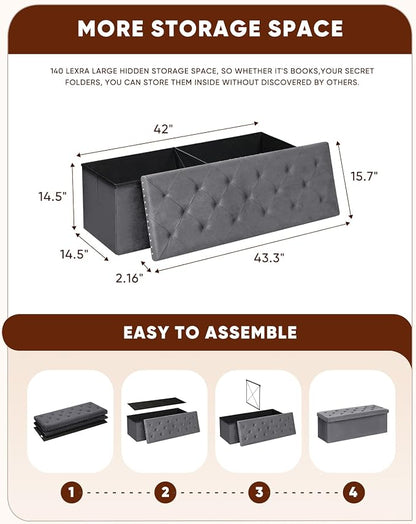 B FSOBEIIALEO Storage Ottoman Bench, Folding Tufted Ottomans with Storage, Extra Large 140L Storage Boxes Footrest Bench for Bedroom, Luxury Velvet Fabric 43 Inches Grey