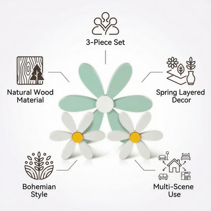 FAJYAZ Spring Decor 3 Piece Wooden Flowers Boho Daisy Decor Handcrafted Shelf Sitters Tabletop Spring Flower Decor for Tiered Tray Home Office Kitchen Living Room Bedroom