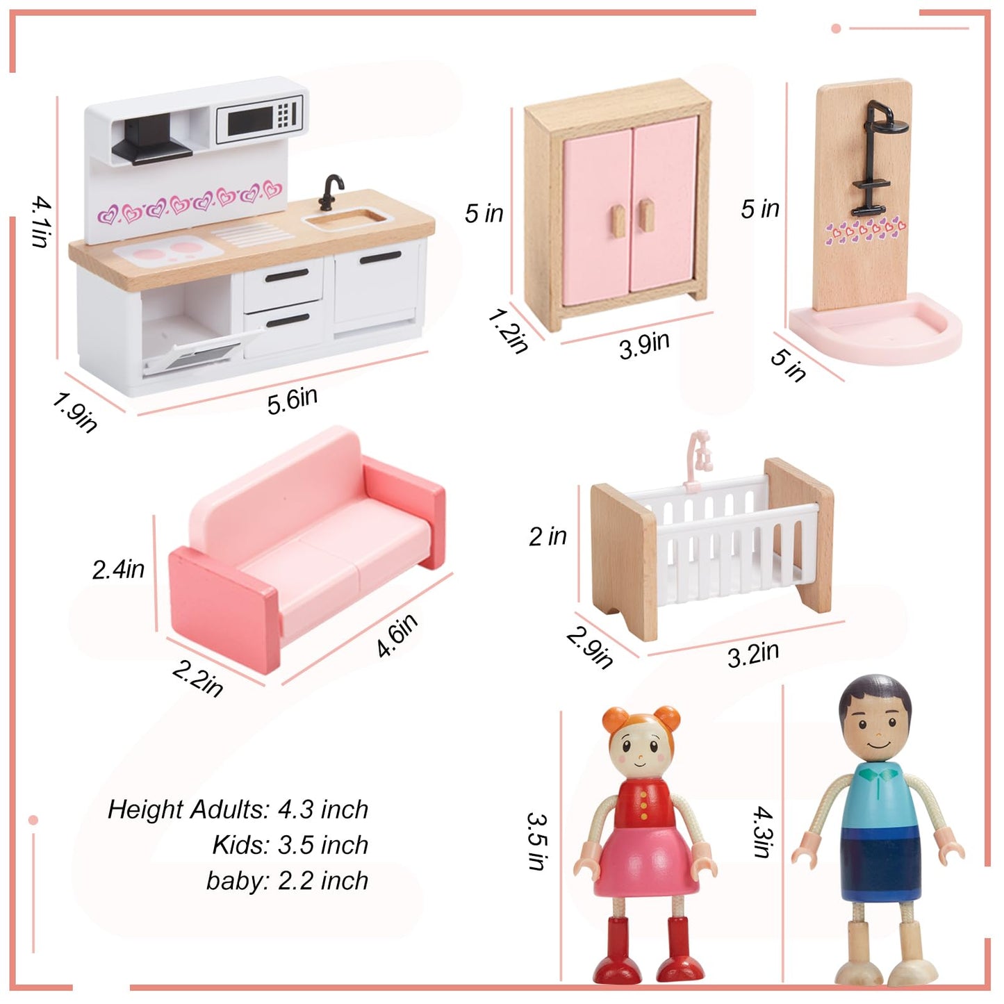 Giant bean 4 PCS Hand Made Rabbit Family Dolls, Wooden Dollhouse Furniture Set for Boys Girls & Toddlers 3Y+