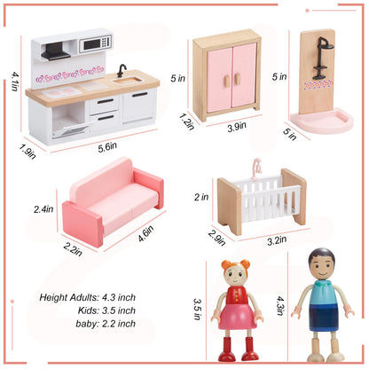 Giant bean 4 PCS Hand Made Rabbit Family Dolls, Wooden Dollhouse Furniture Set for Boys Girls & Toddlers 3Y+