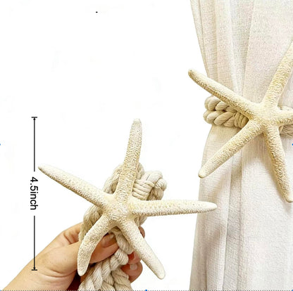 2-Pack Real Natural Starfish Curtain Tiebacks, Handmade Rope Holdbacks for Coastal Beach Theme Decor, Nautical Curtain Tie Backs for Bedroom Living Room Home Decoration