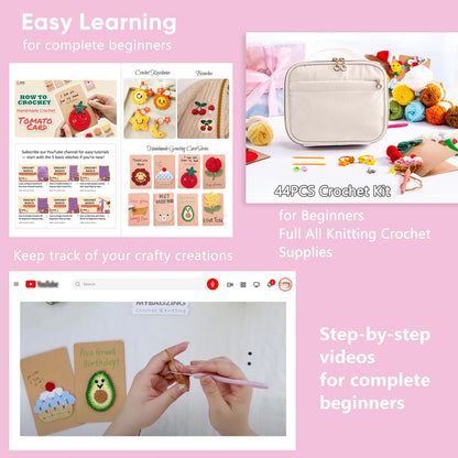 MYBAGZING Crochet Kit for Beginners, Complete Starter Set with Yarn, Ergonomic Crochet Hooks, Needles, Crochet Accessories and Suppliers for Crochet Beginner Projects, Knitting Kit for Adult