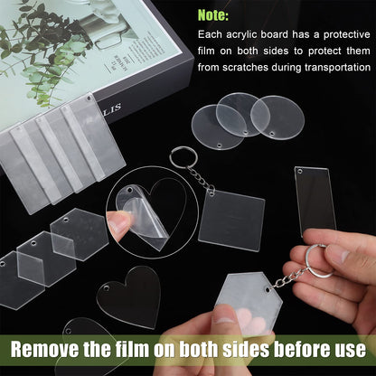 Sdfsdf 200 Piece Acrylic Keychain Blanks - Transparent Pendants in Circle, Heart, Square, Rectangle, Hexagon Shapes for DIY Crafts Projects (C-50)
