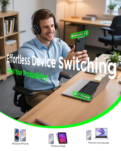 Bluetooth Headset, Wireless Headset with Mic for Work, Qualcomm Chipeset Dongle, V5.4 Headsets with Microphone for Work, Wireless Noise Cancelling Headphones Busy/Mute Light for PC Computer Office WFH