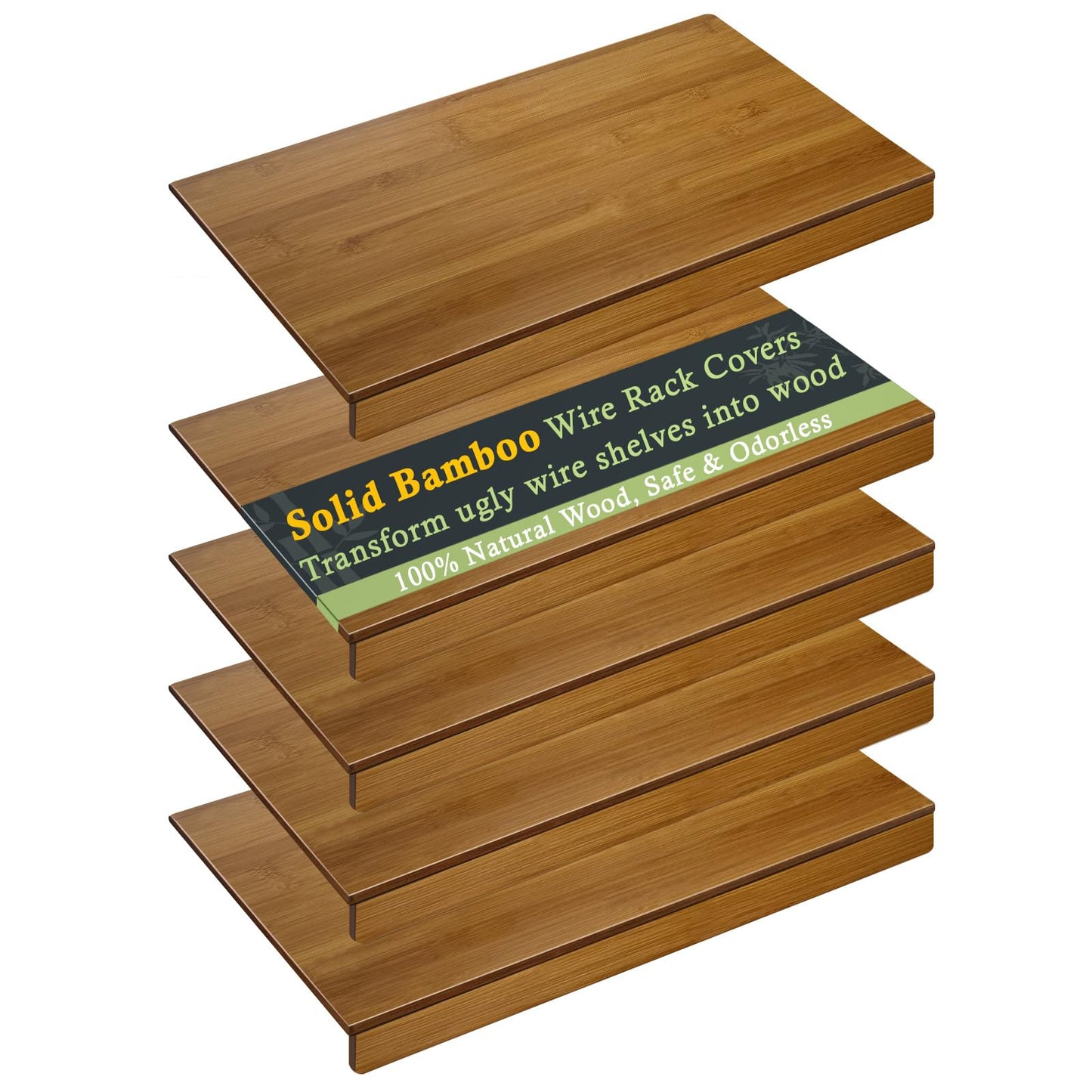 Fobyni Solid Carbonized Bamboo Wire Shelf Covers for Wire Shelving, Wire Rack Covers for Pantry Shelves, Tool-Free & Snap-On (5pcs, 32" W x 12" D)