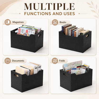 Gerrii 2 Pack Wood File Organizer Box, 12.6 x 8.5 x 10.2 Inch Black Desktop Document Storage Crate with Handle Slot, Assembling Magazine File Holder Bins for Countertop Home Office