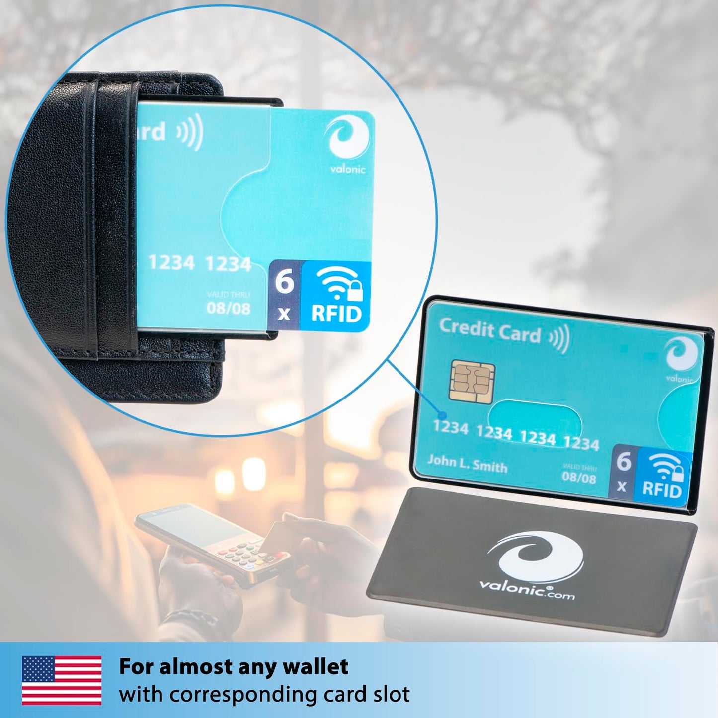 valonic set of 6 RFID blocking sleeves - transparent front, Credit Card Protector sleeve for wallet - Protection block for Debit Card and Metro Card