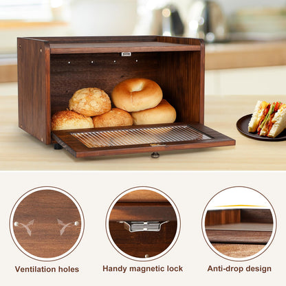 Sunhoo Double Layer Bread Box (L14.4in*W9.4in*H13.4in/Brown) and Single Wooden Bread Storage(L14.37in*W9.25in*H8.66in/Brown) Rustic Bread Keeper Farmhouse Food Organizer Pantry Shelf Acrylic Window