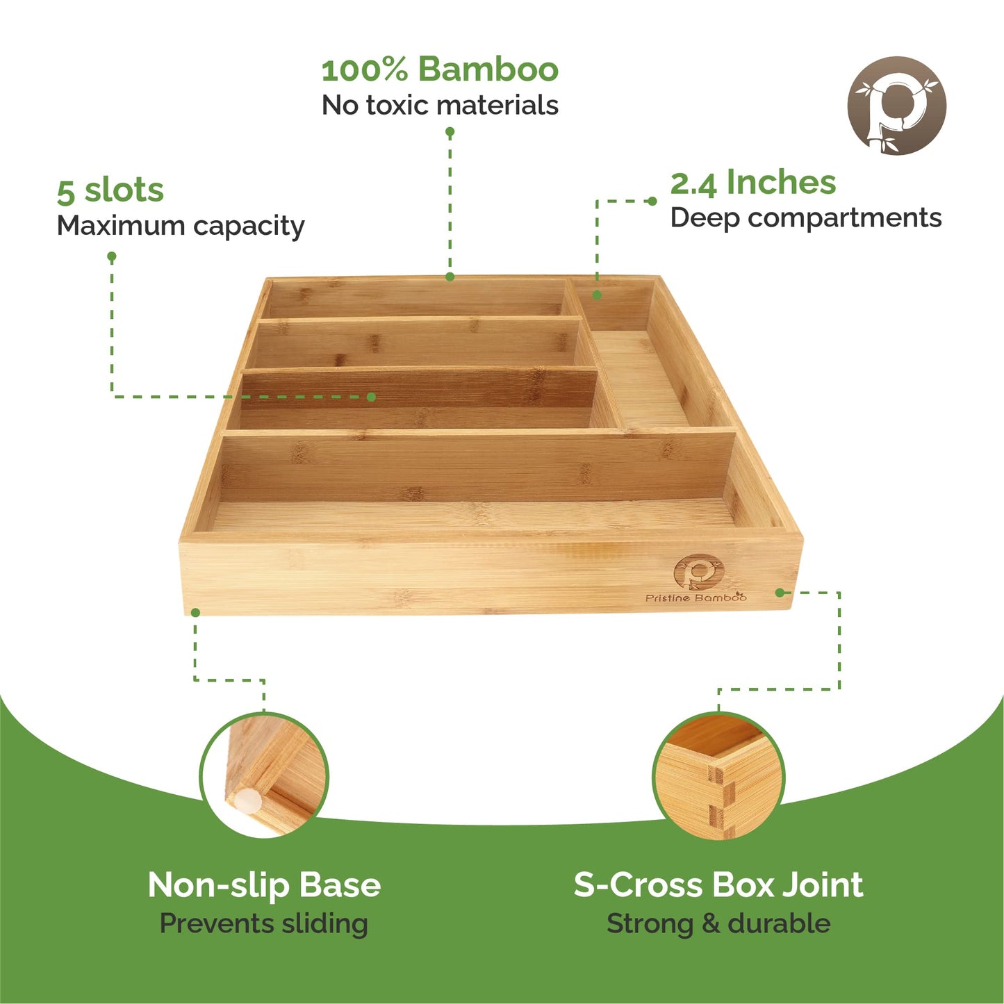 Pristine Bamboo Silverware Organizer - Small Extra-Deep Wooden Kitchen Drawer Organizer Divider for Spoons, Forks, Knives & Cutleries - 5 Slots