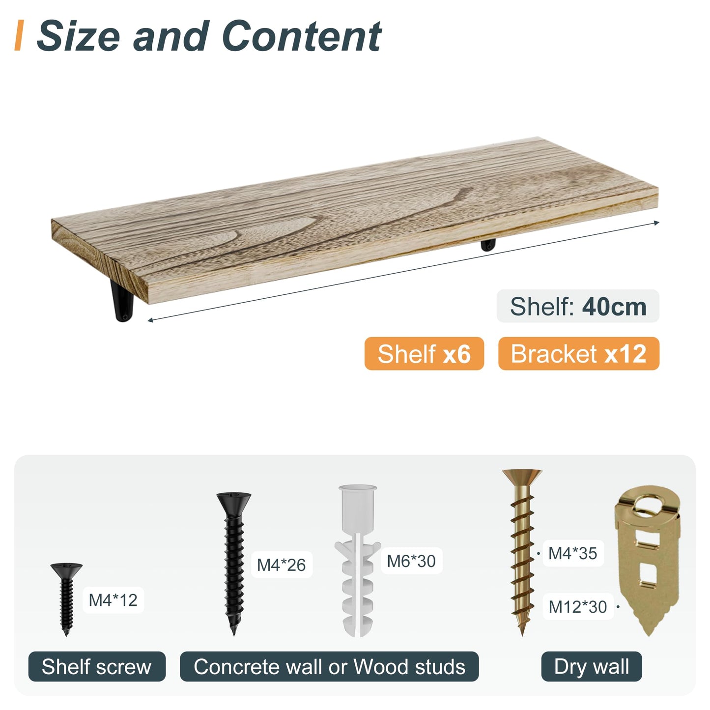 SKYSEN Floating Shelves for Wall Set of 6, 15.7in Wood Wall Shelf for Decor, Bathroom, Bedroom, Storage, Book,Kitchen, Living Room - Rustic Brown(fs-40-l)