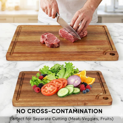 Acacia Wood Cutting Board Set of 2 with Storage Stand,Wooden Chopping Boards with Drying Holder， Deep Juice Grooves & Hanging Holes, Reversible Charcuterie Boards, Housewarming Gift