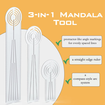 DAFENCHI 3-in-1 Mandala Ruler Tool with Holes, Mandala Dot Art Circle Maker, Compass Protractor Straight Dotting Ruler for Dot Art Geometric Mandala Pattern Design, 3 Sizes