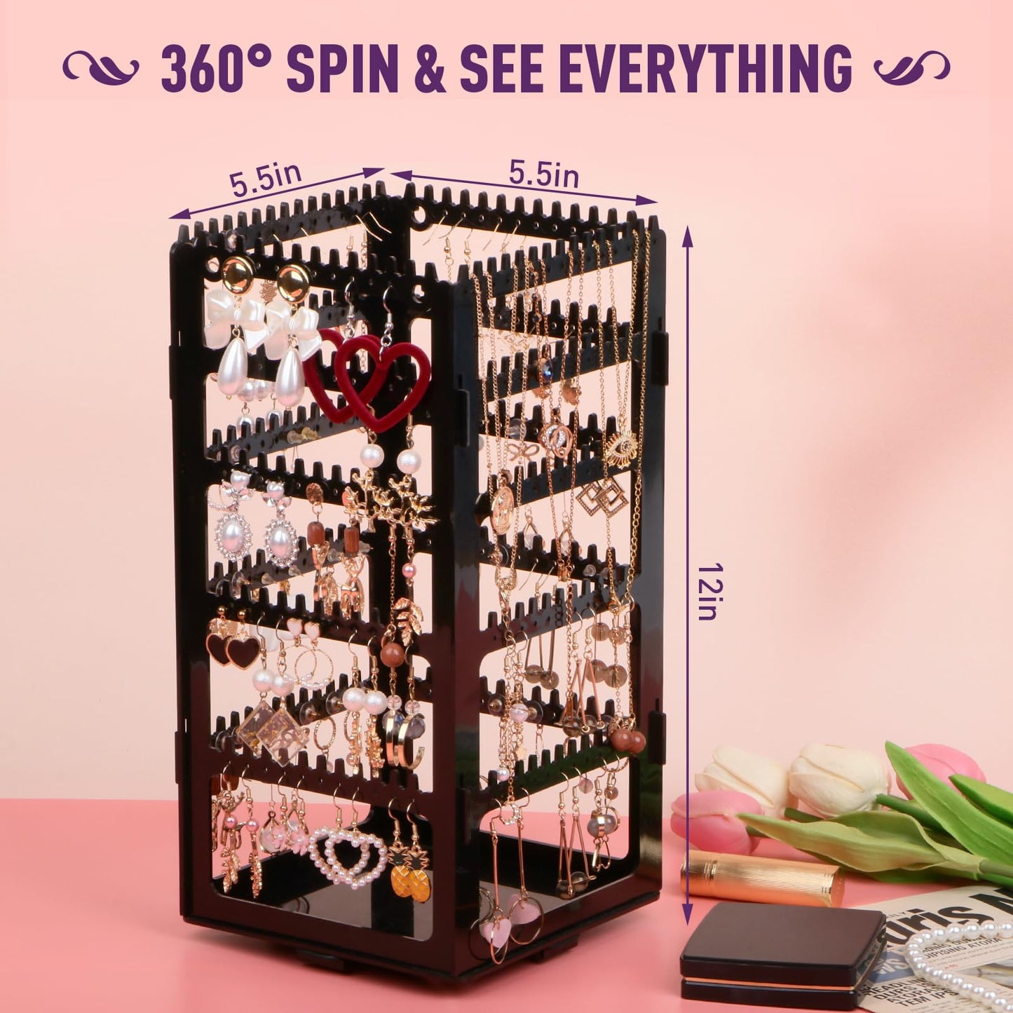 24Aug 360° Rotating Jewelry Organizer Stand with 5 Layers,Acrylic Earring Holder Organizer Stand,212 Holes and 212 Grooves for Studs,Dangly Earrings,Chains,Bracelets,Necklace