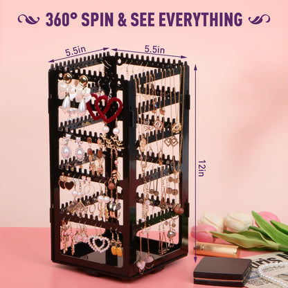 24Aug 360° Rotating Jewelry Organizer Stand with 5 Layers,Acrylic Earring Holder Organizer Stand,212 Holes and 212 Grooves for Studs,Dangly Earrings,Chains,Bracelets,Necklace