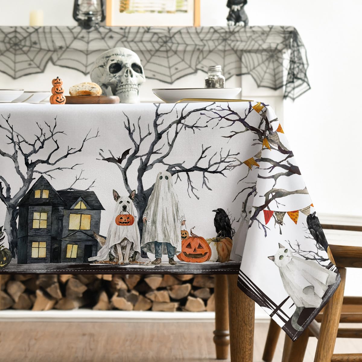 Horaldaily Halloween Tablecloth 60×60 Inch Square, Jack-O-Lantern Pumpkin Cobweb Ghost Dog Washable Table Cover for Party Picnic Dinner Decor