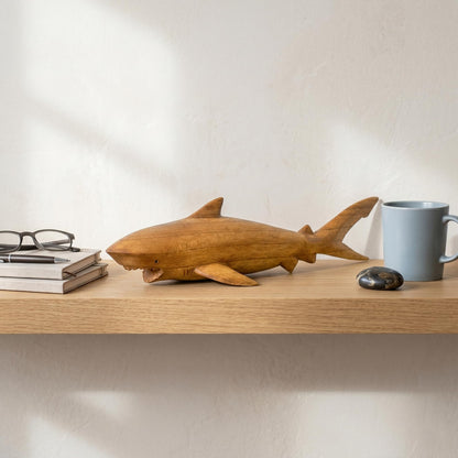 G6 Collection Wooden Hand Carved Shark Statue Sculpture Wood Decorative Home Decor Accent Figurine Handcrafted Handmade Seaside Tropical Nautical Ocean Coastal Decoration Shark (16" Long)
