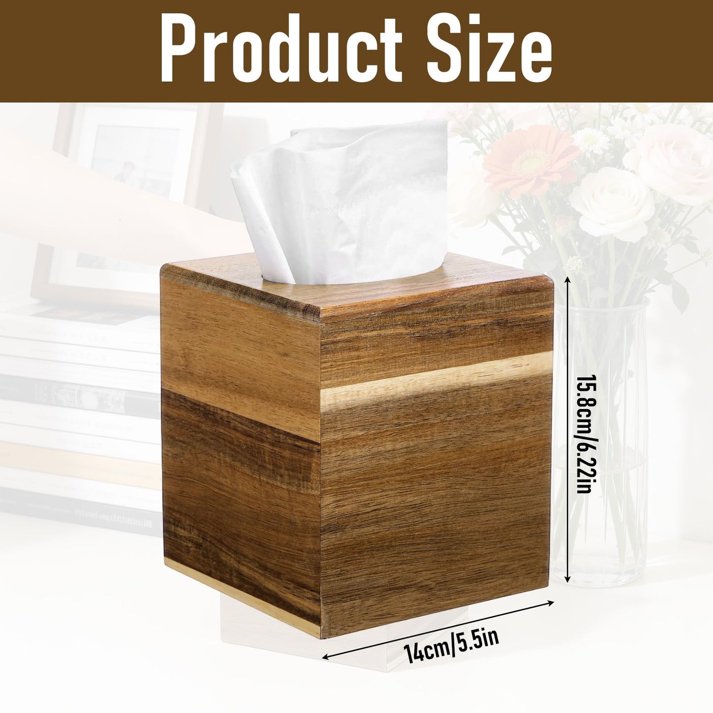 2 Pack Wooden Tissue Box Cover Square, Acacia Wood, 5.5 x 5.5 x 6.2