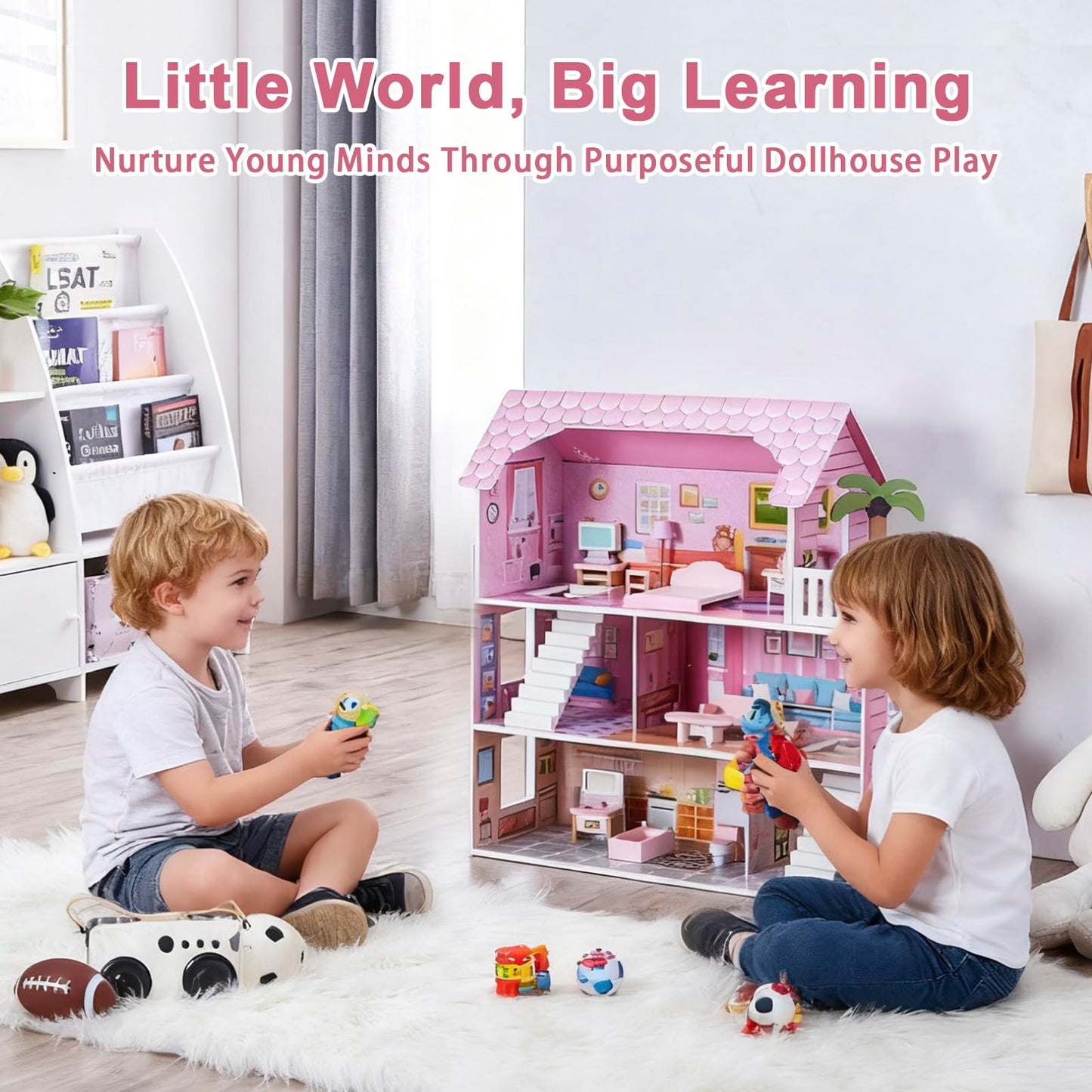 OCINONE Kids Dollhouse - Pink Wooden Doll House with 10-Piece Mini Furniture Set, 3-Story & 5 Open Rooms, Easy to Assemble Pretend Play House, Gift for Girls Boys Ages 3 4 5 6 Years Old
