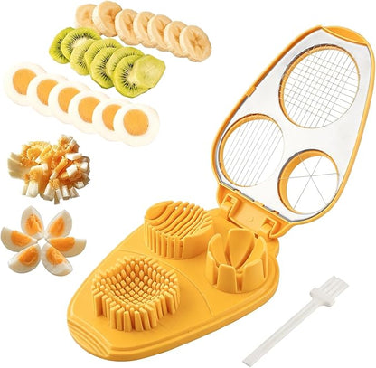 3 in 1 Boiled Egg Slicer, 3 Slice Modes Chopper Cutter with Brush, Manual Egg Slicer Steel Wire Dicer for Hard Boiled Eggs, Kitchen Gadget for Soft Fruit Butter, Labor Saving (Yellow)