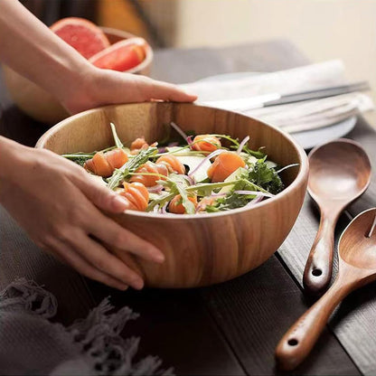 YXE Wooden Salad Bowl Set, 9.45 inch*2.75 inch Acacia Wood Large Salad Serving Bowl with Salad Spoon and fork for Mixing Fruits Cereal Pasta Salad,Pasta-(3 Piece Large Salad Bowl Set) (1, 9.45in)