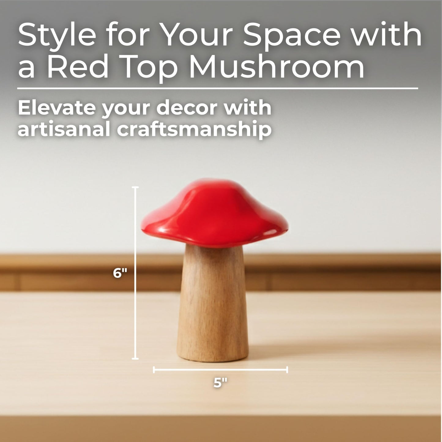 Wooden Mushroom Figurine Sculpture – Artful Accent for Room Decor and Boho Home Decor, for Shelf, Desk, or Tabletop Display, with Playful Nature-Inspired Design Detail – 6", Rustic Wood and Red