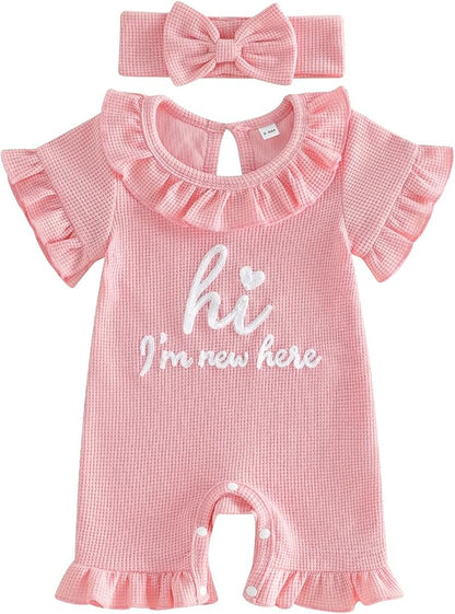 Newborn Baby Girl Clothes Hi Im New Here/Aunties Bestie Ruffle Romper Summer Shortall Jumpsuit Coming Home Outfit