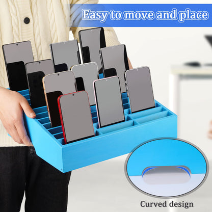 Ozzptuu 36-Grid Wooden Cell Phone Holder Desktop Organizer Storage Box for Classroom Office (Blue 36-Grid)
