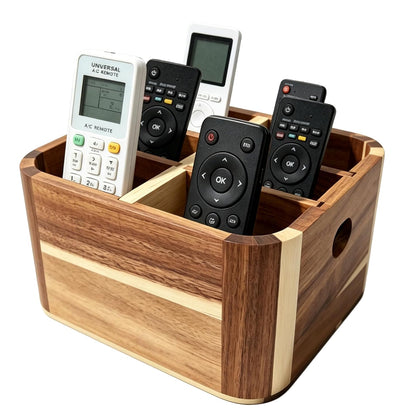 LEEBICHEN Remote Control Holder, Acacia Wood TV Remote Holder with 5 Adjustable Dividers, Desk Organizer for Remotes, Office Supplies, Coffee Table, Living Room, Bedroom, Nightstand