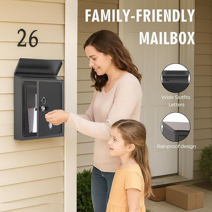 Wall-Mount Mailbox for Outside, Galvanized Steel Rust-Proof Mailboxes with Key, Key Drop Box, Large Locking Letter Box for House Porc, Front Door, Fence