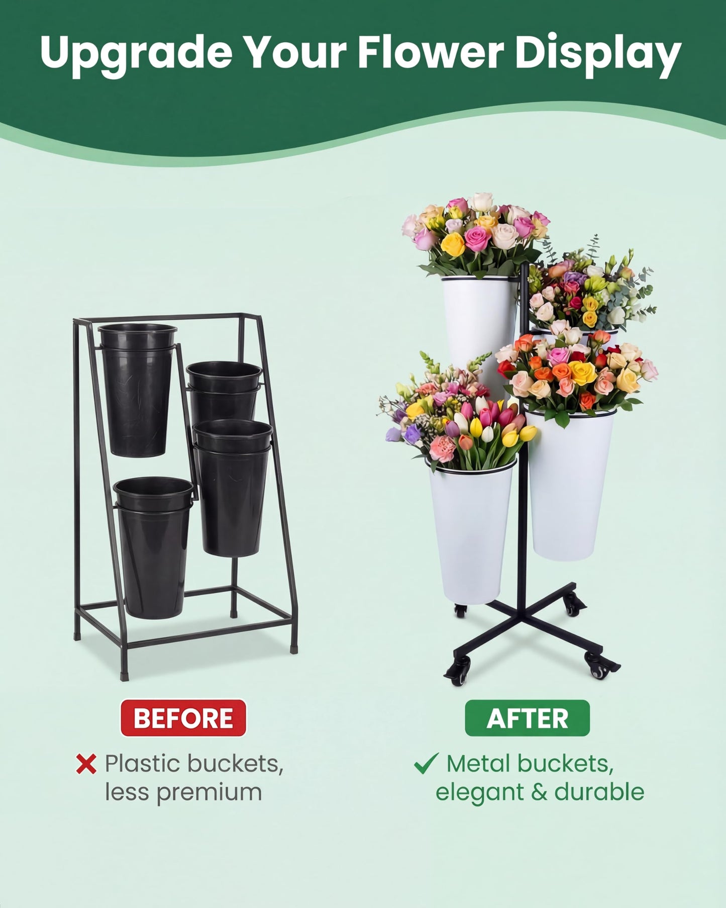 vensovo Flower Bucket Stand with 4 White Buckets, 33" Black Metal Flower Display Stand for Bloom Bar, Wedding Flower Display, Florist Shop, Event & Party Decor