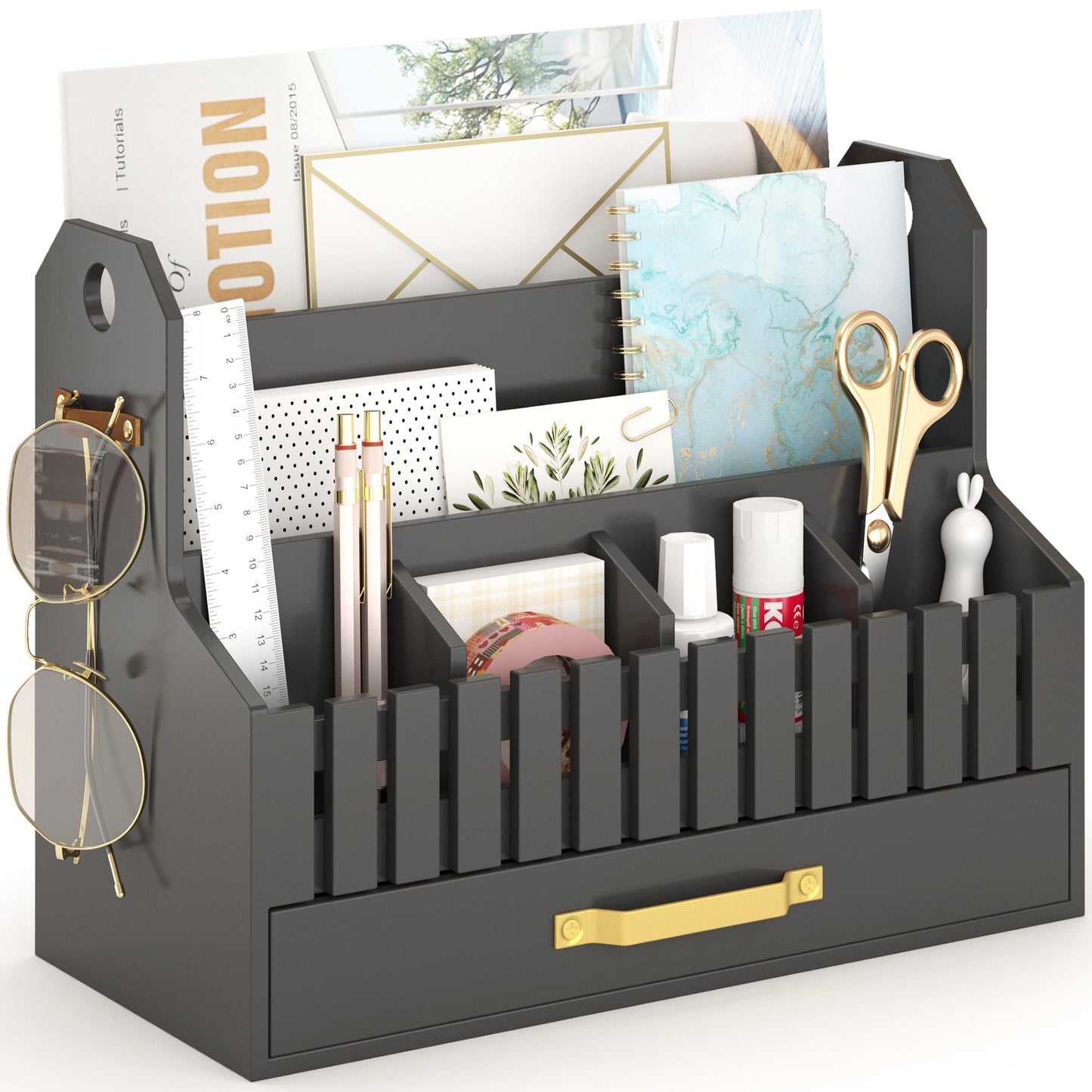Bamboo Mail Organizer Countertop with Drawers, Wood Desk File Organizer Desktop Paper Organization Storage Bill & Letter Sorter Holder for School Home Office Supplies, No Assembly Required (Black)
