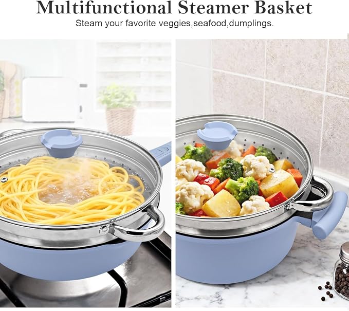 Pots and Pans Set Non Stick, Nonstick Cookware Set, Steamer Pot and Pan for Cooking, Kitchen Cookware Sets Non Toxic, Induction Compatible, Detachable Handle, Oven Safe, PFOS & PFOA Free,Blue