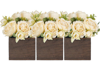 Dahey Small Flower Centerpieces for Tables Set of 3 Artificial Flowers with Wooden Vase Farmhouse Table Decor for Dinning Living Room Kitchen Wedding Party Office Home Decoration