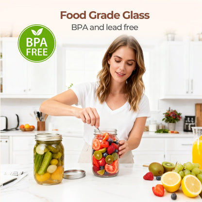 ComSaf Wide Mouth Mason Jars 32 oz with Lids 2 Pcs, Quart Mason Jars with Seal Band, Large Glass Jars, Large Canning Containers for Pickles, Jams, Sauces, Salsa, Sourdough, Salad, Suntea, Food Storage