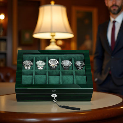 SYENS Watch Box for Men 10 Watches Storage Organizer Case, Smart Watch Display, Green Wood with Soft Suede Interior, Large Glass Window, Gift for Women and Man (10W-GR)