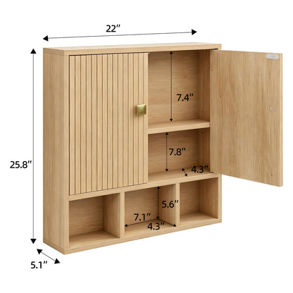 Tltaroni Bathroom Wall Cabinet,Wooden Medicine Cabinet with Fluted Doors Over The Toilet Storage Cabinet with Adjustable Shelf for Bathroom,Wood
