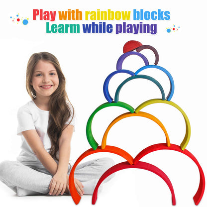 Dinhon Wooden Rainbow Stacking Toys, 12 Pcs Wood Building Blocks Set Wooden Building Blocks Nesting Puzzles, Early Matching Educational Learning Montessori Toys for Kids 3 4 5 6 Years and Up