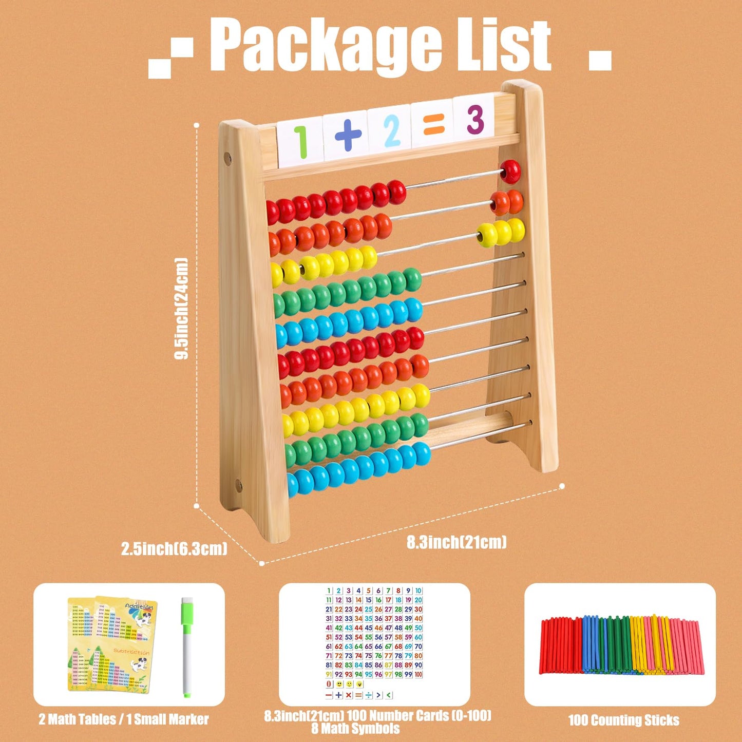 Ranqibo Wooden Abacus for Kids Math - 10-Row Counting Toy with 100 Beads, Number Cards & Counting Sticks, Educational Counters for Kids Math Gift for Age 3 4 5 6 7 Year Old Boy Girl
